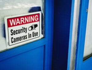 Security camera sign in a shop window.