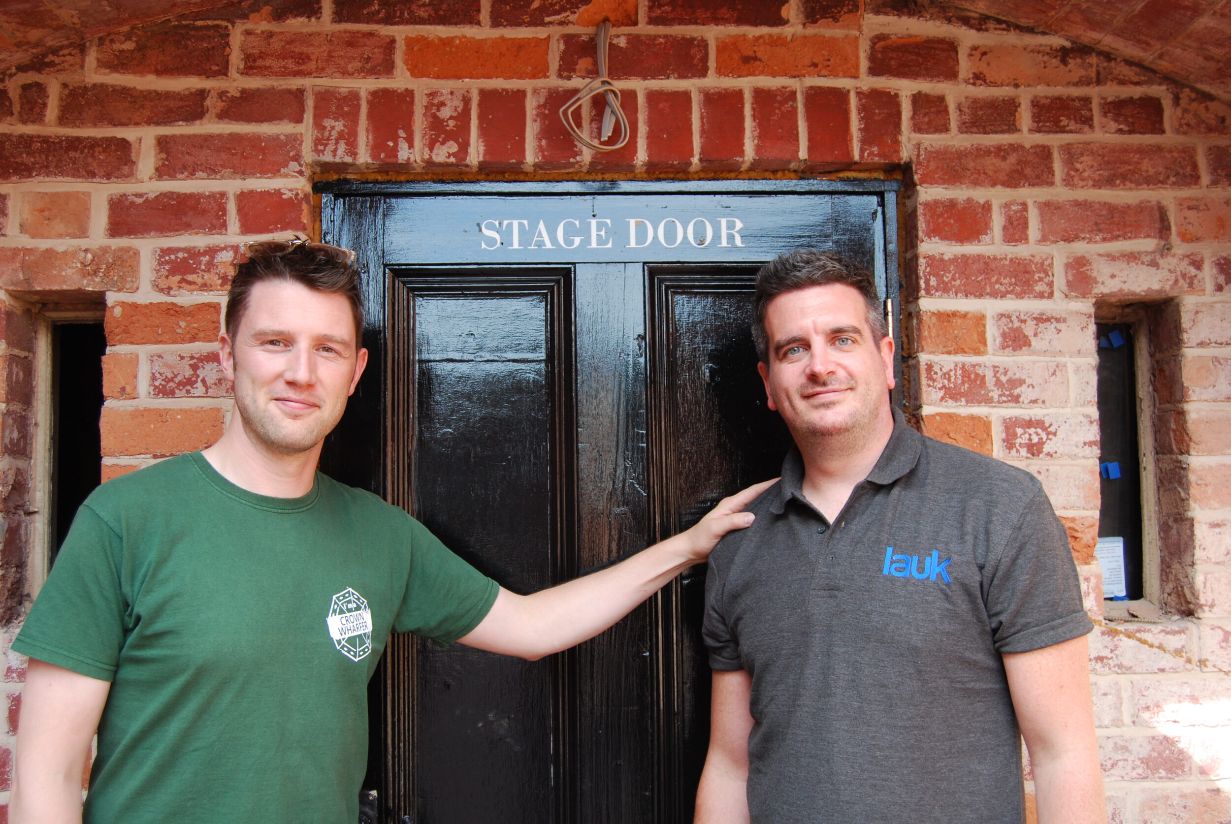 Crown Wharf Theatre trustee Leo Capernaros with Oliver Freer from LAUK Lighting