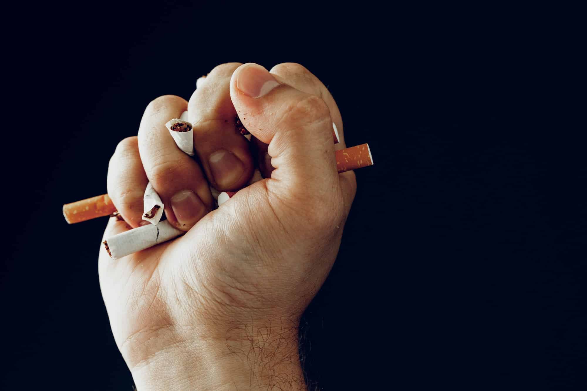 Male hand breaking cigarettes close up quitting habit