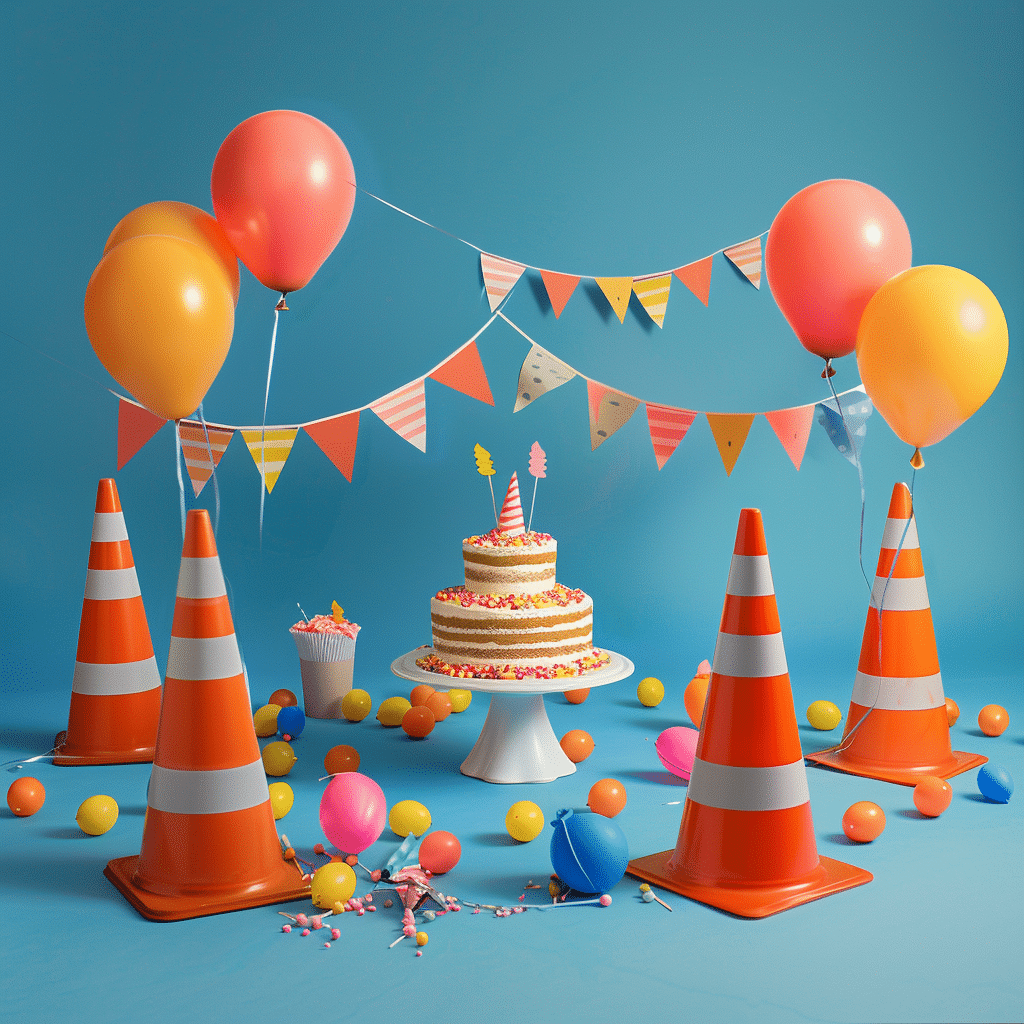 A picture of traffic cones and cake