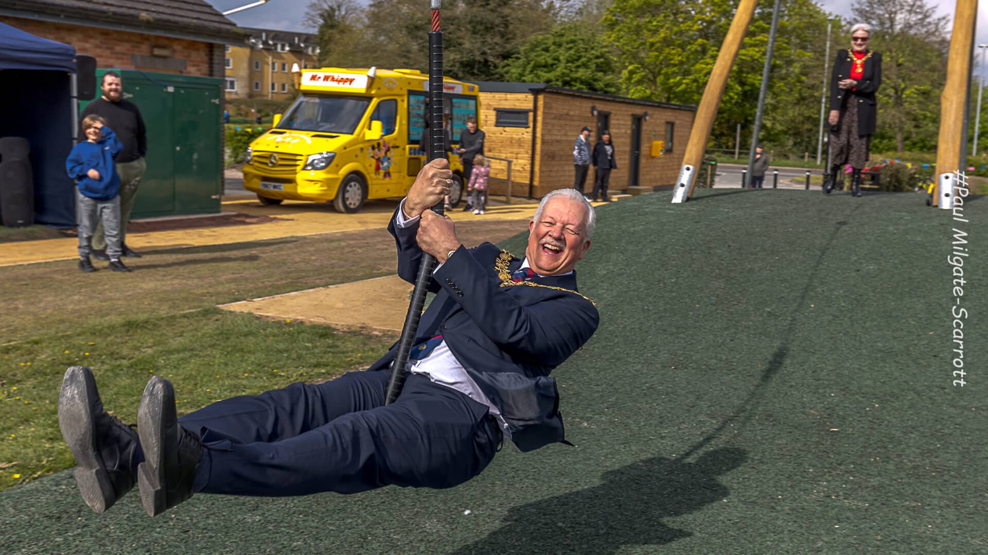 Mayor rides the zip wire, at Stone's Westbridge Park Official Opening.