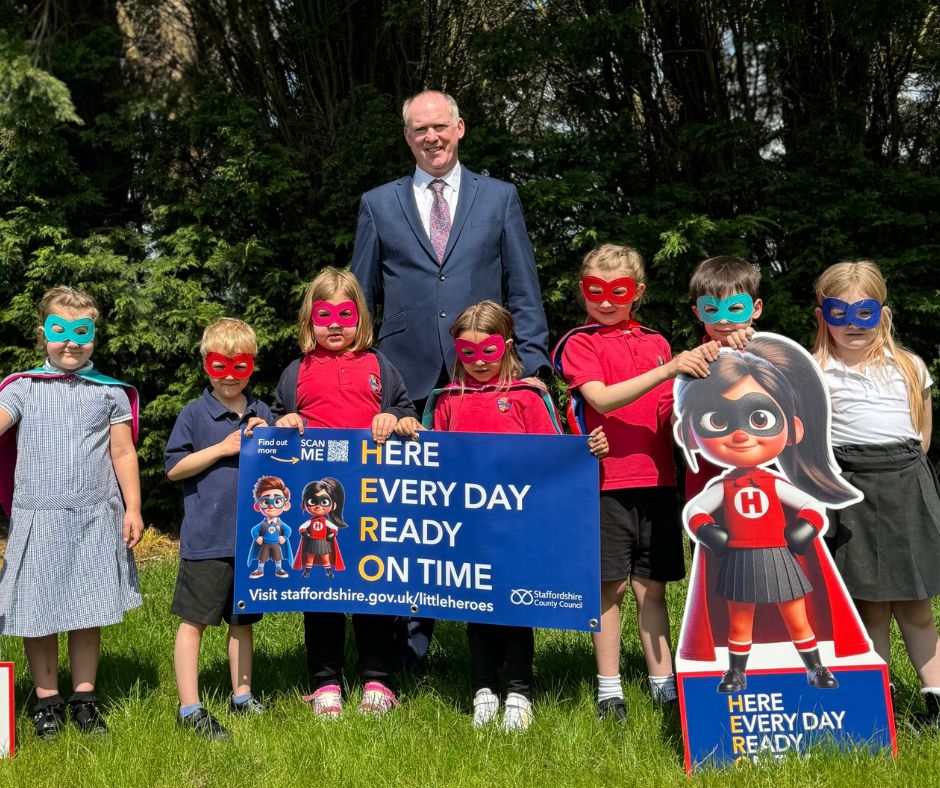 Cllr Jonathan Price with pupils from Pirehill Primary School in Stafford, taking part in the Little Hero’s campaign