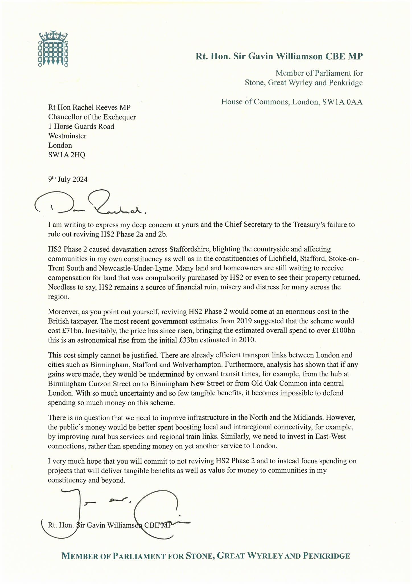 Sir Gavin Williamson's Letter