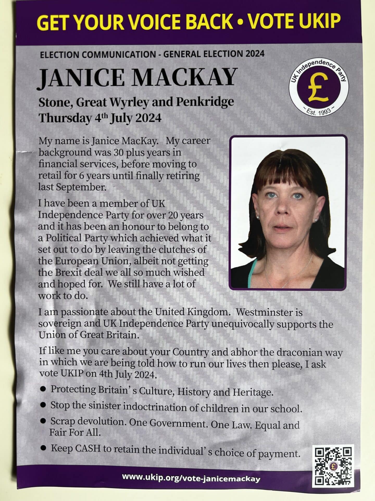 Janice MacKay UKIP Leaflet Side 1