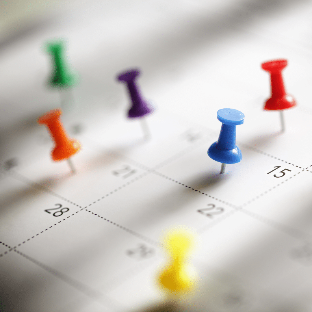 A calendar with push pins in the days to symbolise events happening in Stone.