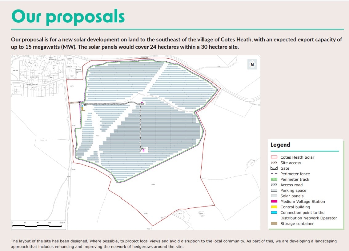 One of the consultation boards showing the size and layout of the proposed solar farm at Cotes Heath. Image courtesy of Ampyr Solar Europe