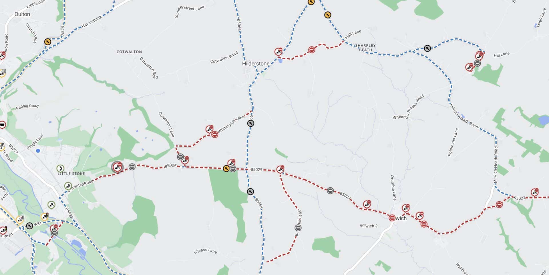 One.Network road closure map of Uttoxeter Road in Stone