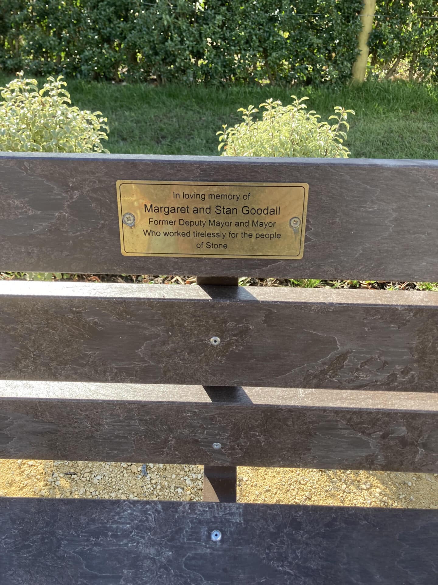 The memorial bench plaque at Westbridge Park Stone