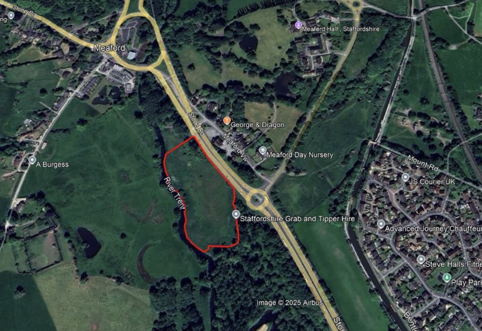 Satellite view showing the proposed development site outlined in red near the A34 at Meaford. The map highlights nearby landmarks including the George and Dragon pub, Meaford Day Nursery, and surrounding residential areas.