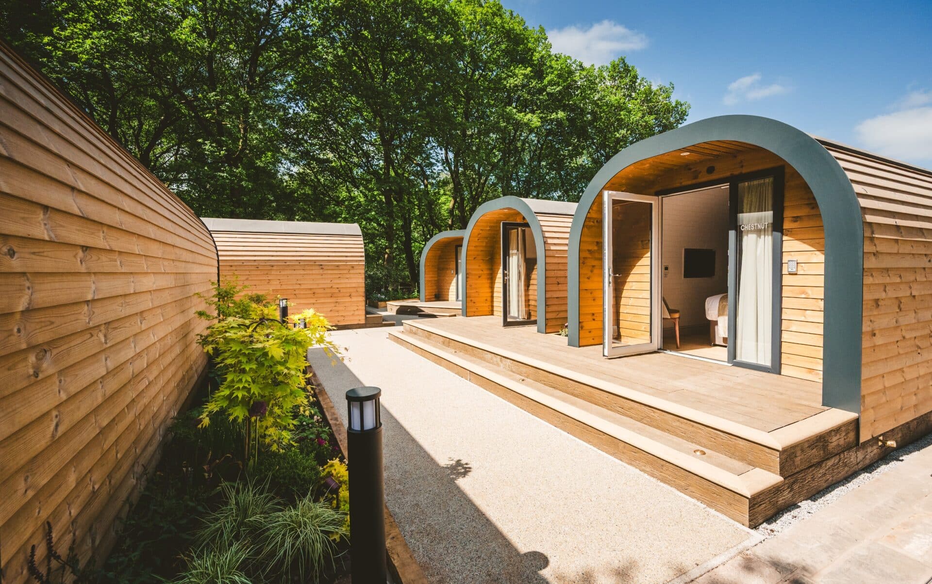 A row of luxury wooden woodland pods at Moddershall Oaks, framed by landscaped gardens and surrounded by mature trees under a bright blue sky.