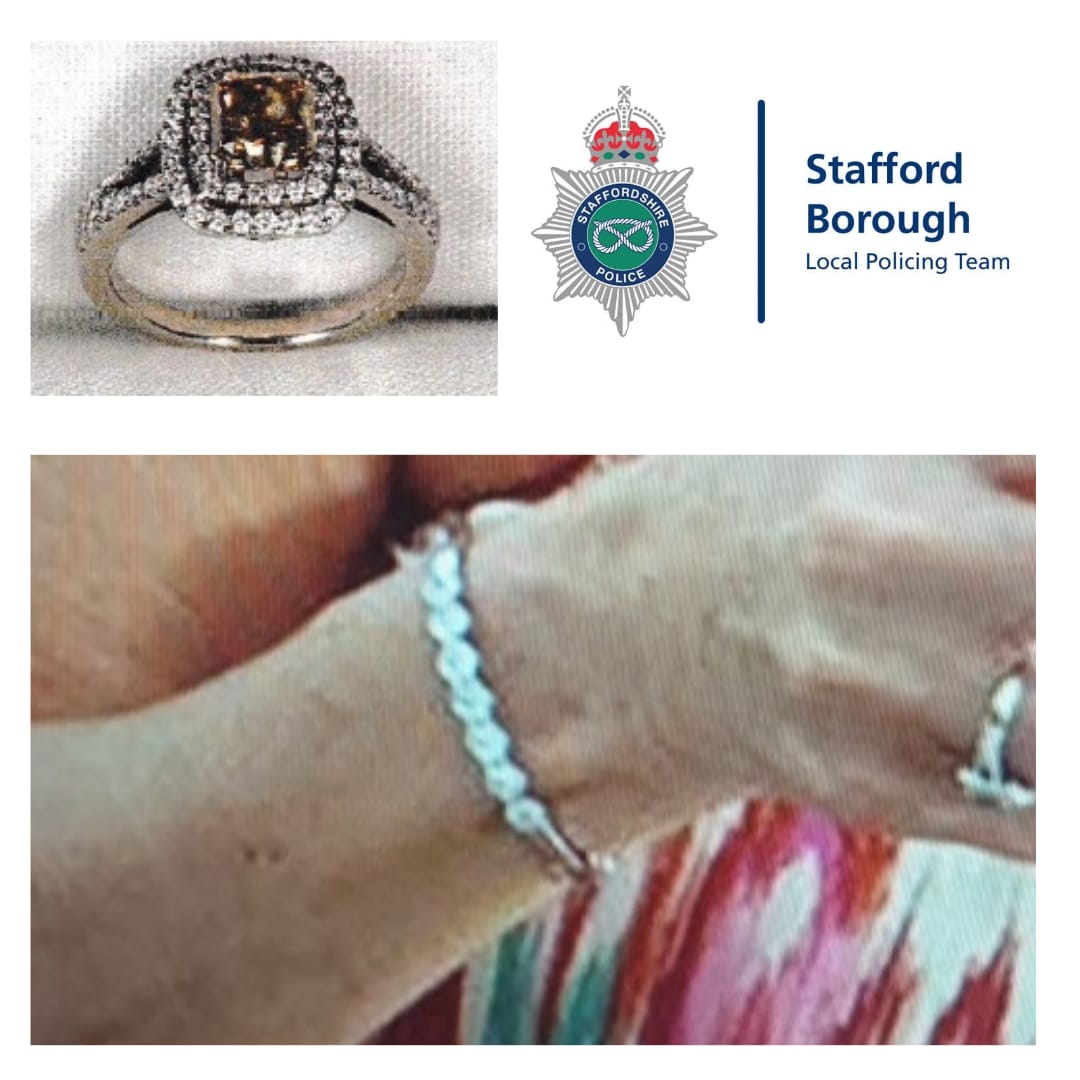 Two images released by Staffordshire Police. The top shows a diamond cluster ring with a square brown centre stone set in a halo of diamonds. The bottom shows a white gold and diamond bangle worn on a woman's wrist.
