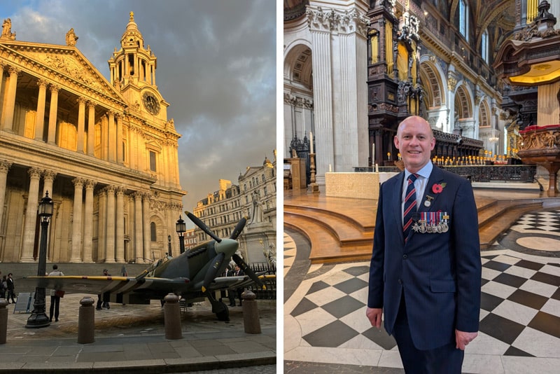 Split image showing VE Day 80 in London: on the left, a Spitfire aircraft displayed outside St Paul’s Cathedral at sunset; on the right, Robin McMahon wearing military medals inside the cathedral ahead of the commemorative service.