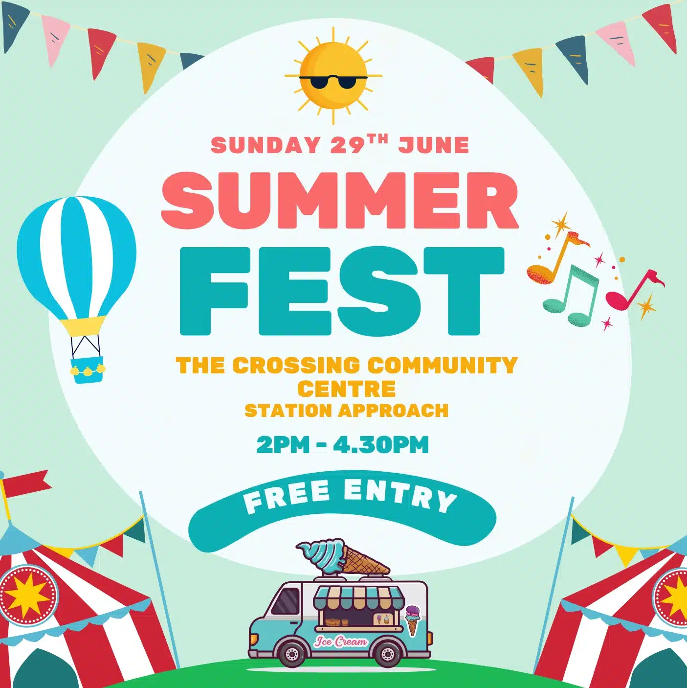 Illustrated flyer for Summer Fest at The Crossing in Stone, featuring event details, colourful graphics of children playing, and a list of activities and times.