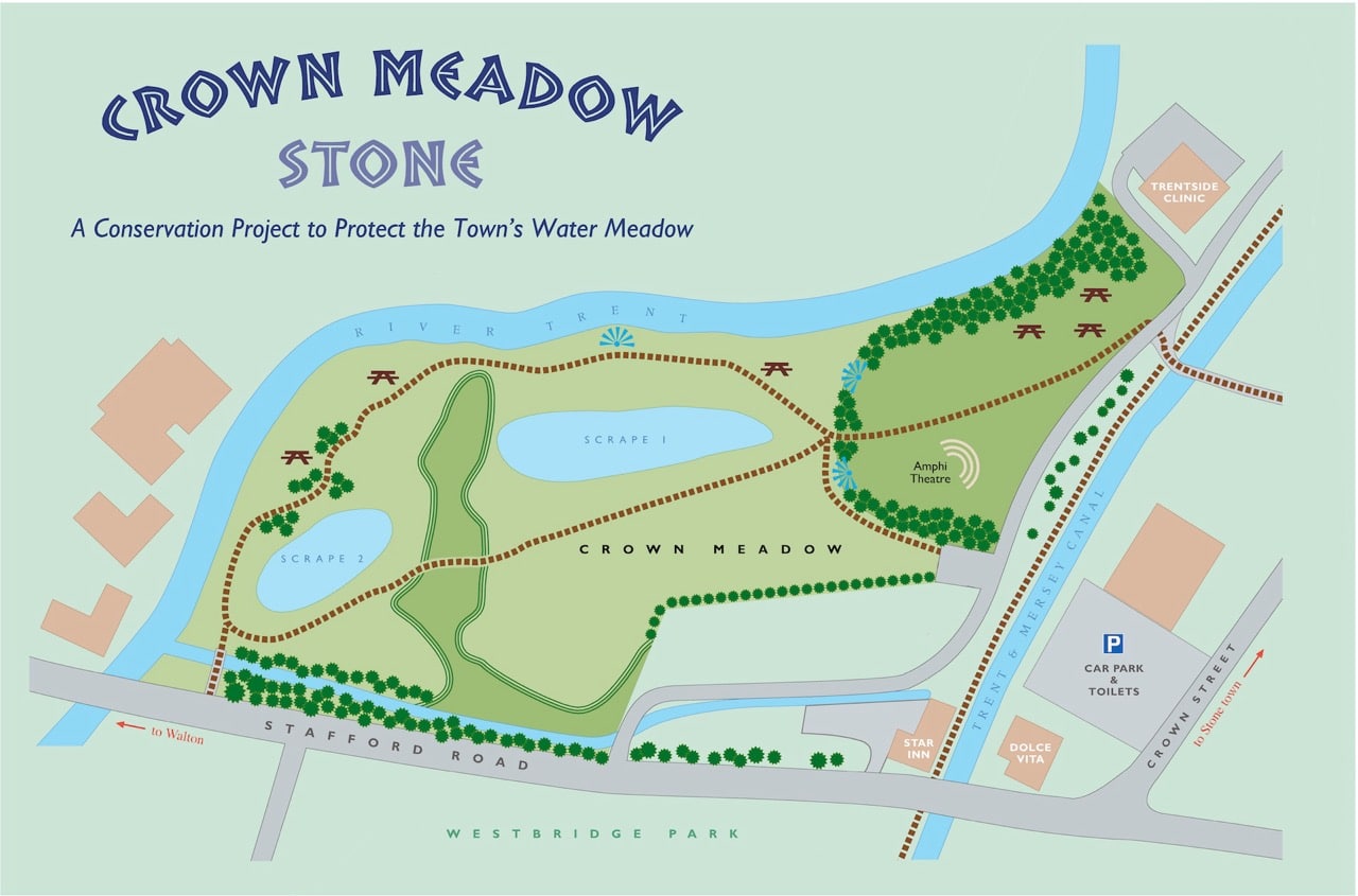 Illustrated map of Crown Meadow in Stone, showing key features such as Scrape 1 and 2, the River Trent, Trent & Mersey Canal, Amphi Theatre, Anglers Car Park, walking paths, and nearby landmarks like Stafford Road and the Star Inn.