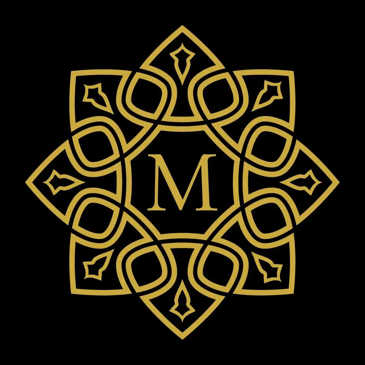 Gold ornamental mandala-style logo with the letter “M” in the centre, representing Mojaan Indian Cuisine, on a black background.