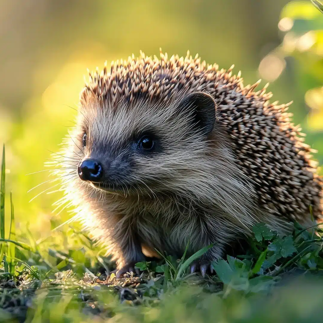 A close-up of a hedgehog in sunlit grass, alert with bright eyes and detailed spines, highlighting the need to check for wildlife before strimming.