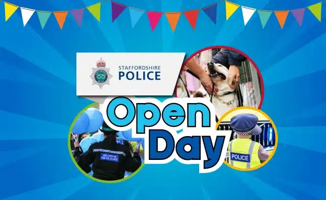 Staffordshire Police Open Day promotional graphic featuring the police logo, images of officers, a police dog being petted, and colourful bunting on a bright blue background.