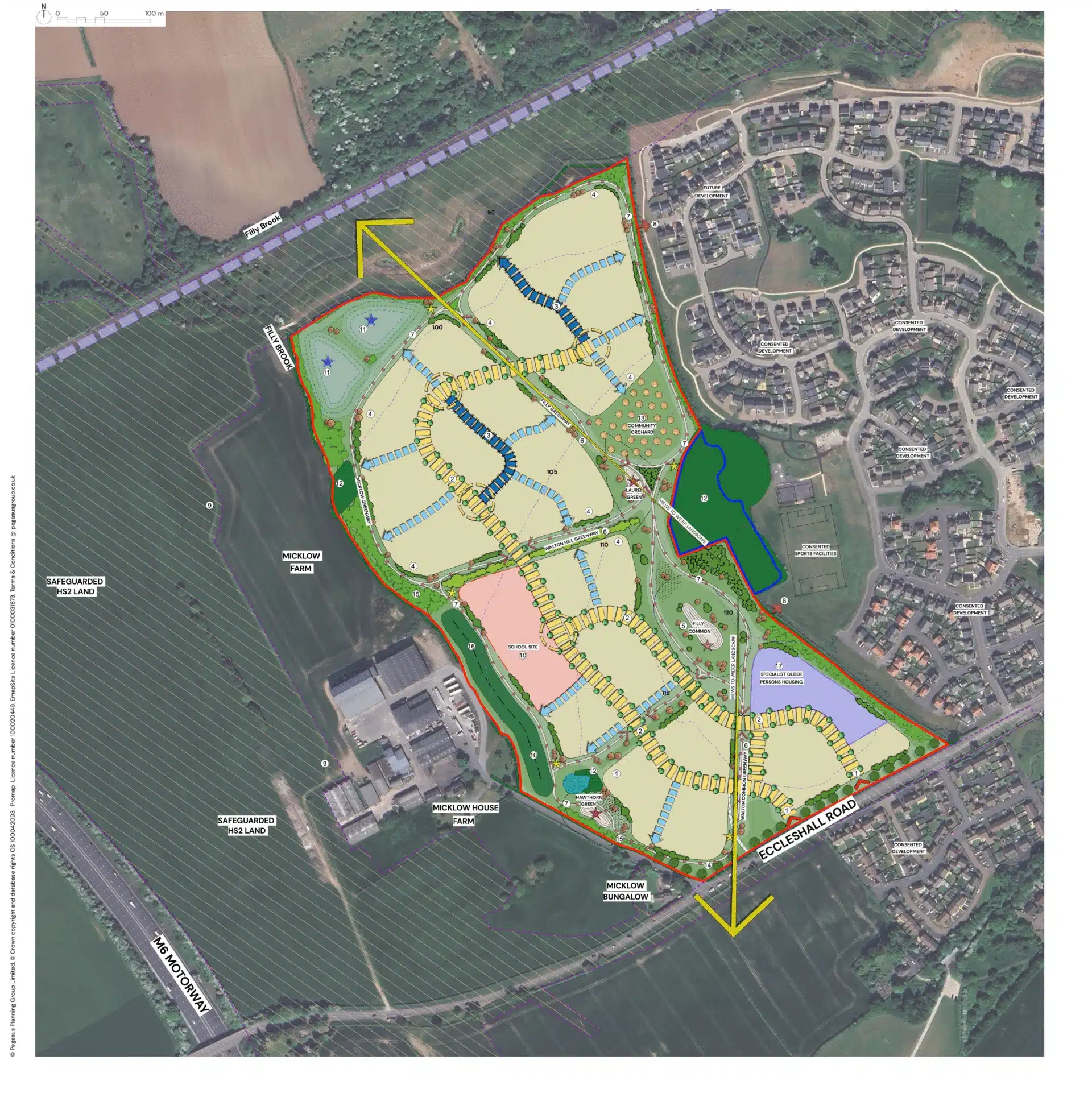 Illustrative concept masterplan for Bloor Homes’ proposed development west of Stone, showing housing areas, two vehicle access points off Eccleshall Road, a new first school, green corridors, play areas, tree planting, and walking and cycling routes.