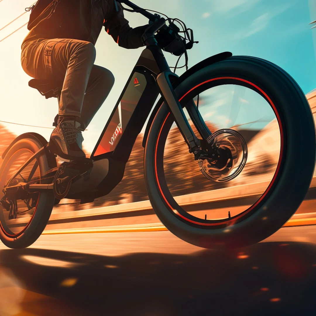 Close-up of a person riding a high-powered electric bike at speed on a sunlit road, with motion blur in the background suggesting fast movement and a sense of urgency. The bike features wide tyres with red accents and a sleek black frame.