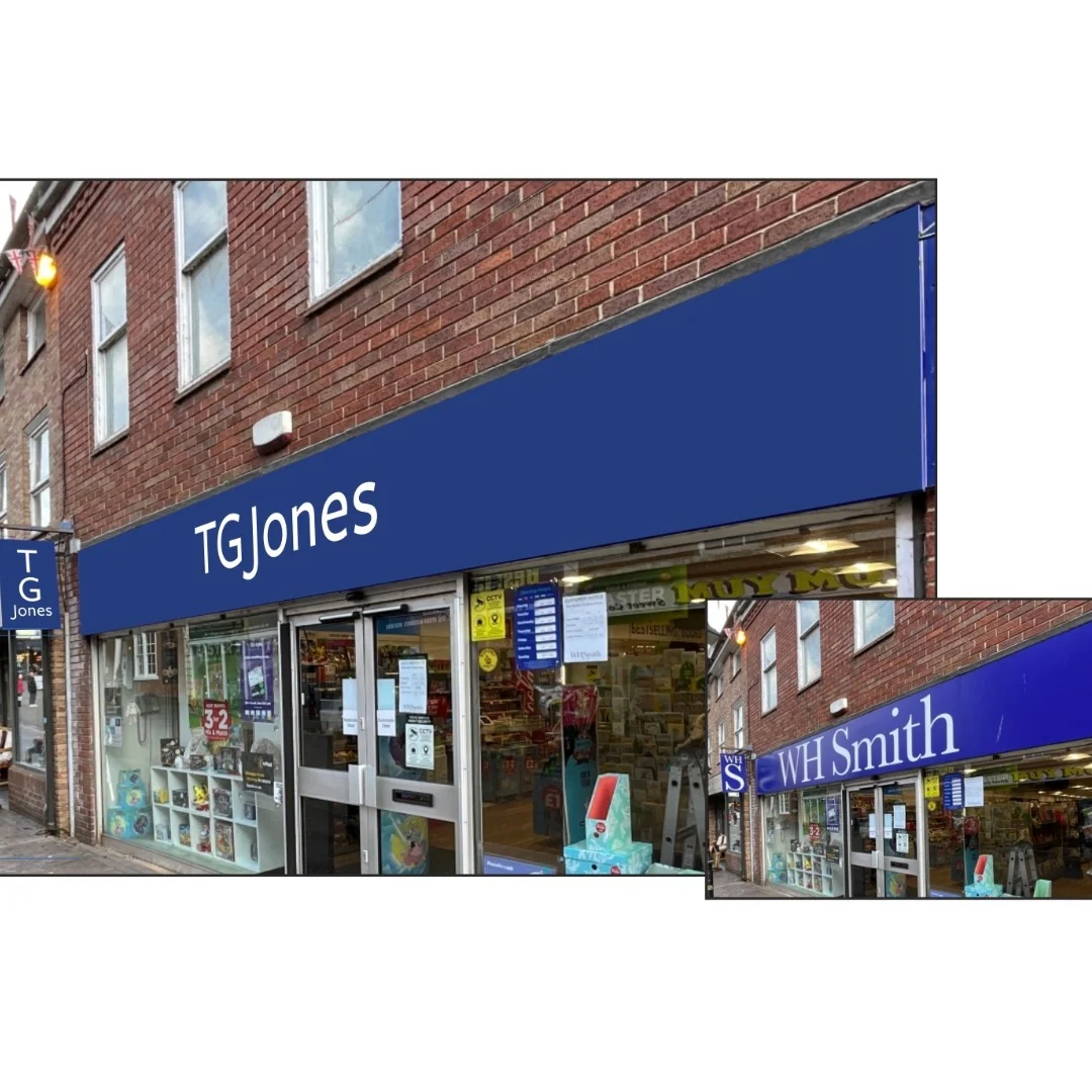 Mock-up of proposed TG Jones shopfront signage replacing WH Smith on Stone High Street