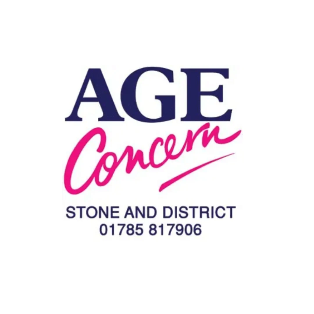 Age Concern Blue and Pink logo on a white background with the Stone telephone number