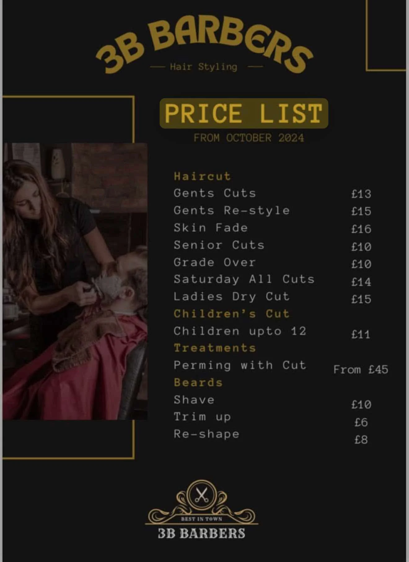 The 3B Barbers price list, showing haircut, children’s cuts up to age 12, beard trims and treatments available from October 2024.