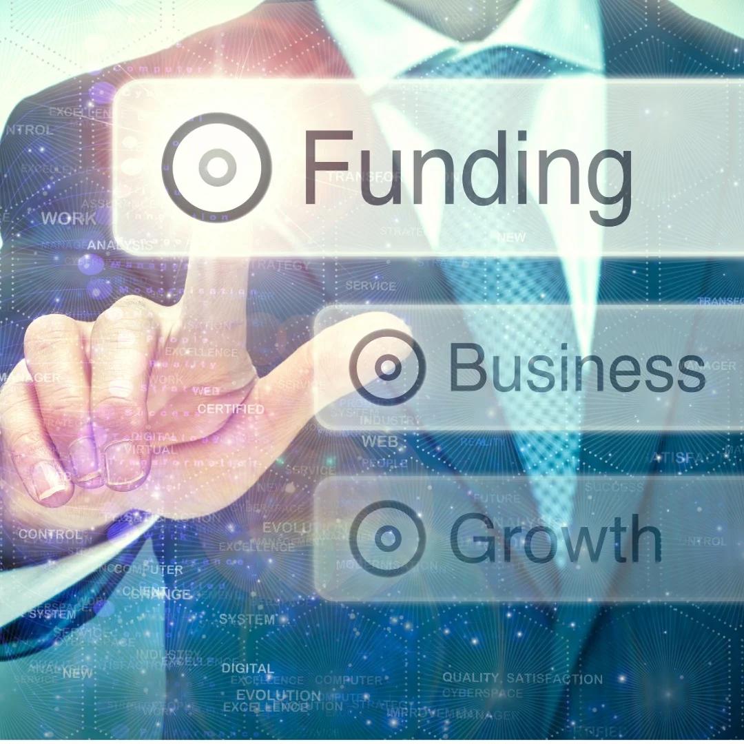 Finding Business Growth text on top of a businessman who is pointing to funding