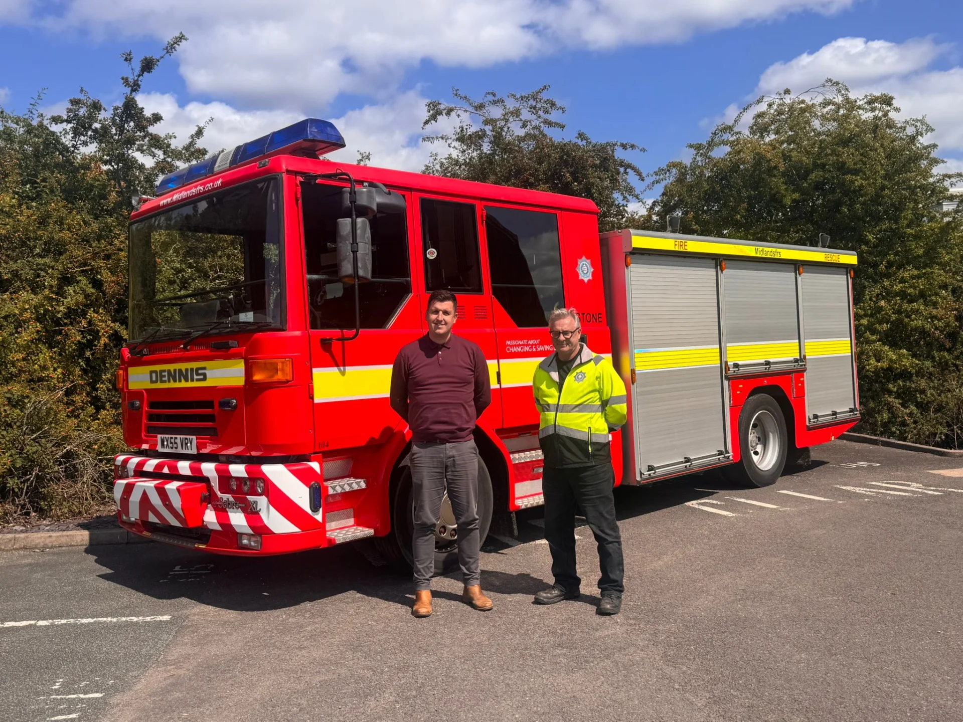 AED Donate’s Jamie Richardson with Jim Williams, director of Midlands FRS, and one of the Fire Engines that will be on display during Emergency Services Day