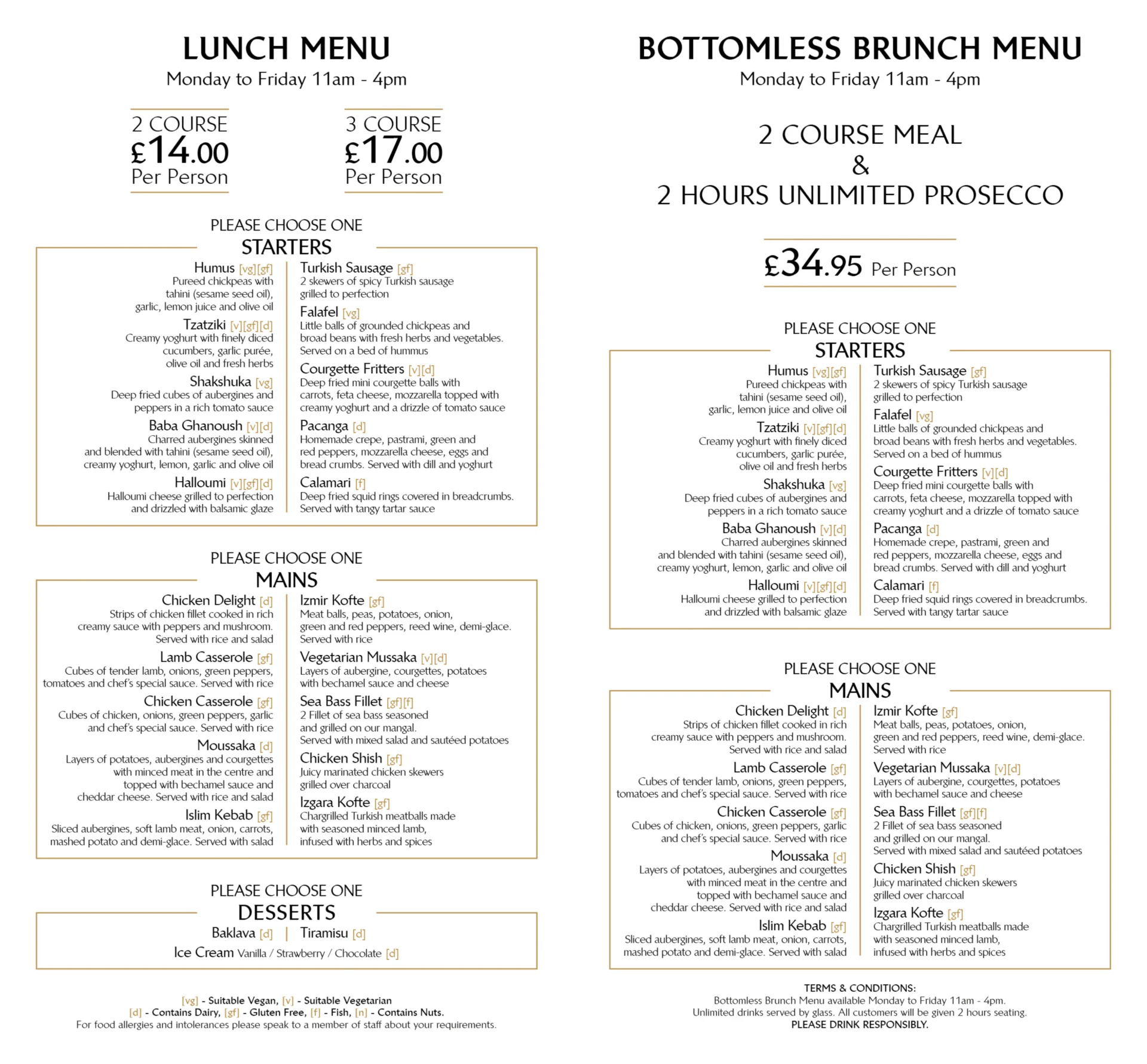Heaven Restaurant Stone weekday lunch menu and bottomless brunch menu with two or three courses and prosecco option.