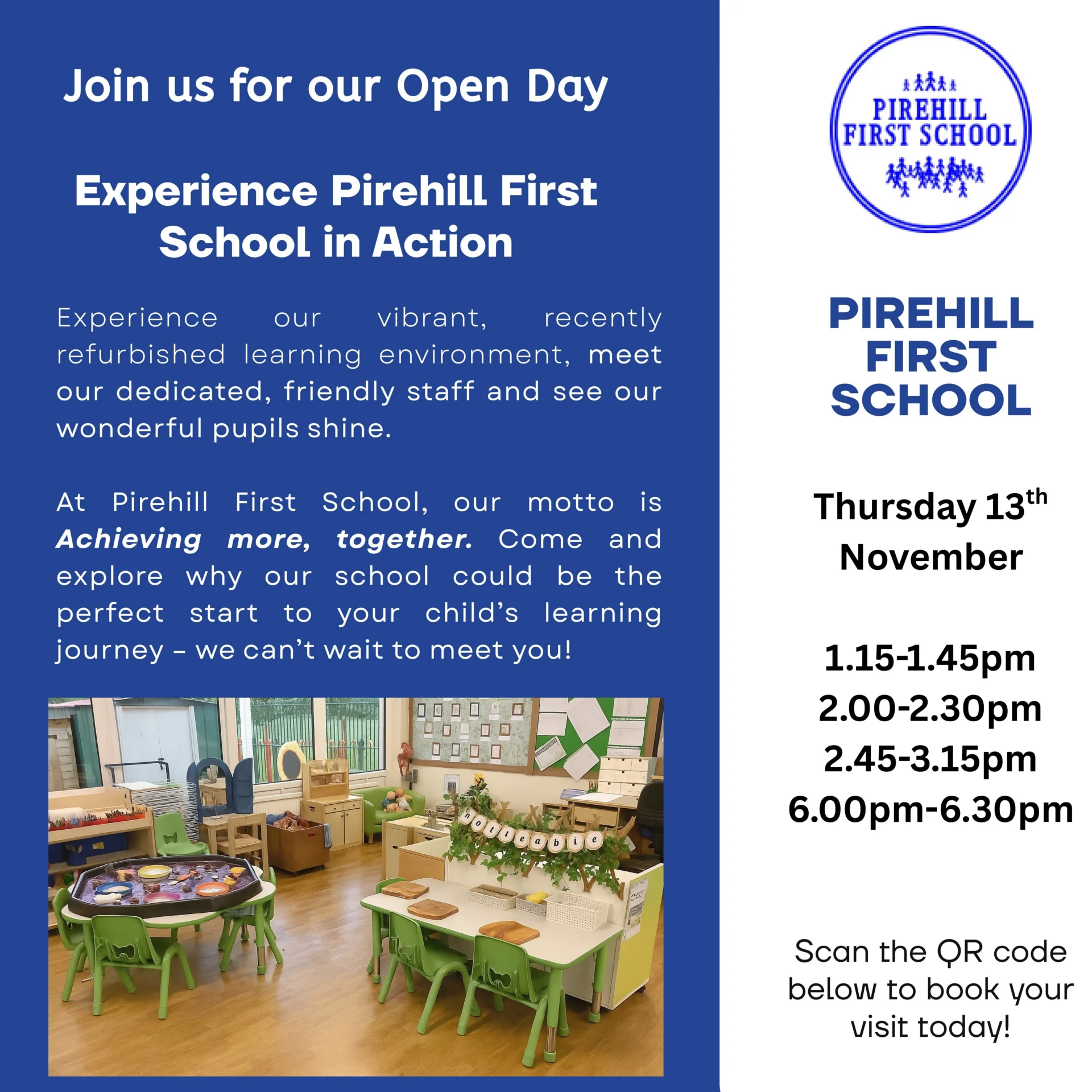 Pirehill First School hosts an open day on Thursday 13th November with bookable short tours. Meet staff, see refurbished classrooms and learn more.