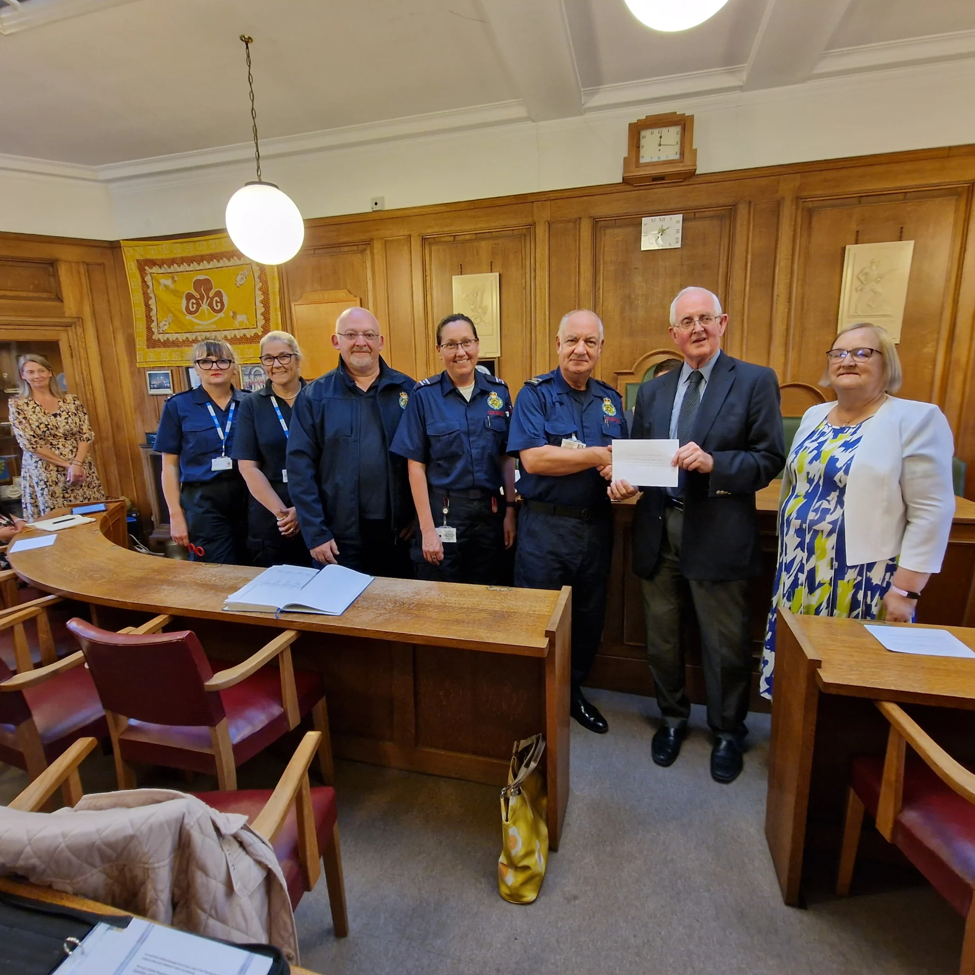 Stone Community First Responders with Mayor and Mayoress 2024/25 at donation presentation in Stone Town Council offices.