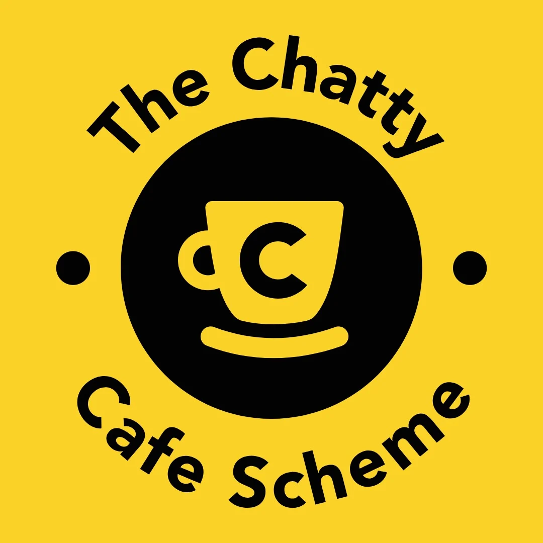 The black chatty cafe logo on a bright yellow background.