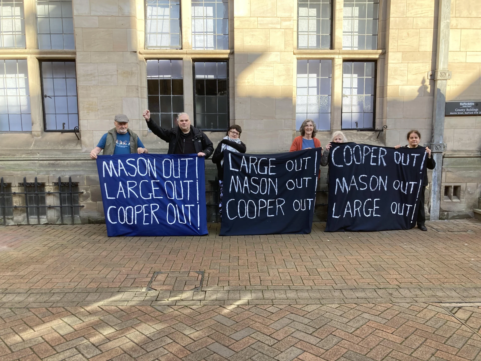 Protesters outside County Buildings in Stafford before the March 18 2026 Staffordshire County Council cabinet meeting
