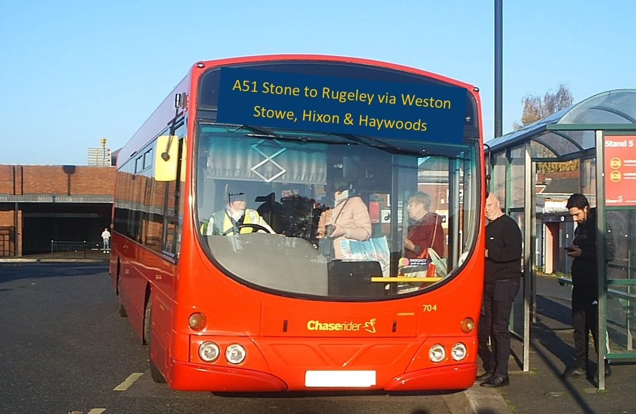 Mock up image of a red bus showing a proposed A51 Stone to Rugeley route via Weston, Stowe, Hixon and Haywoods.