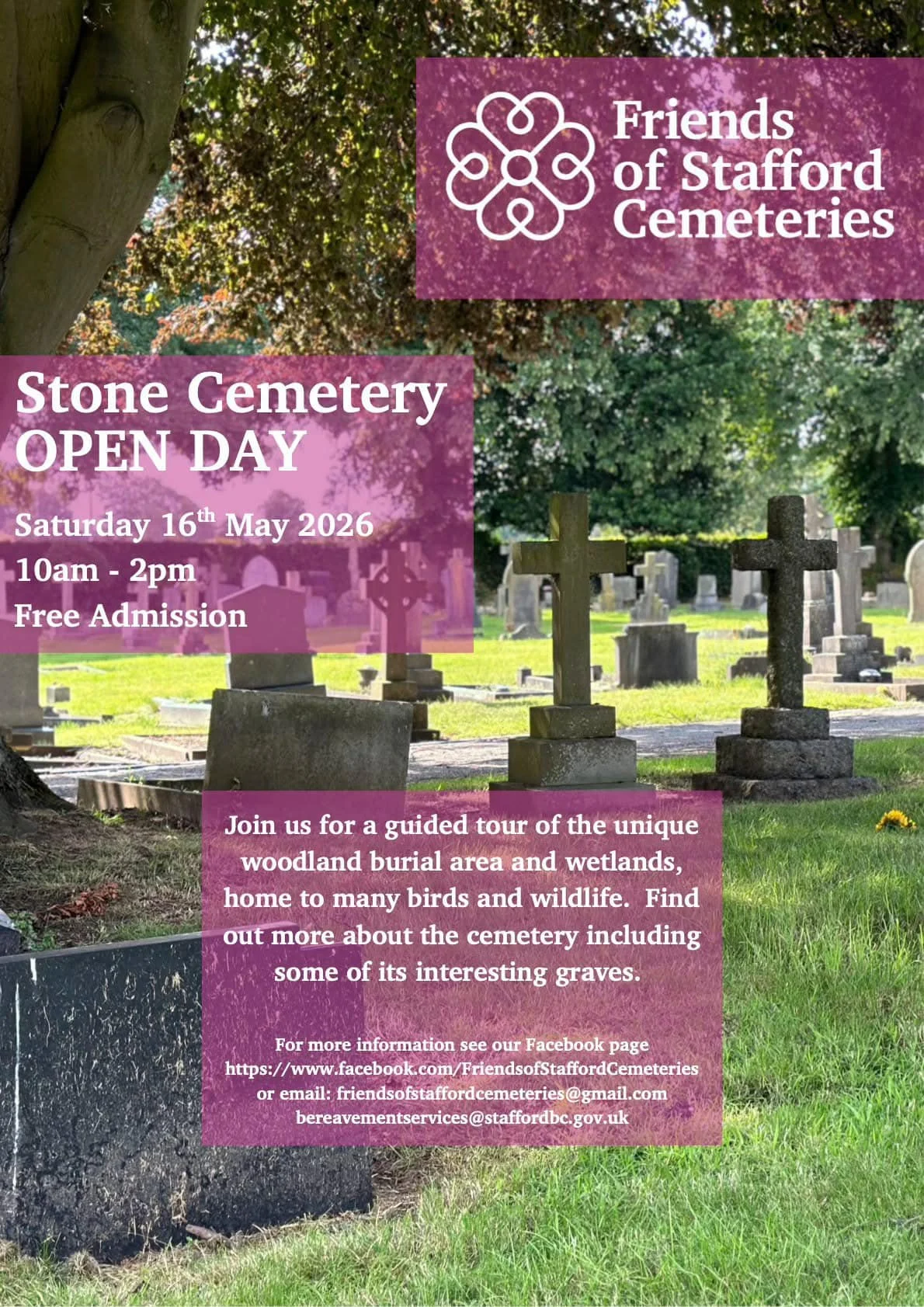 Poster for the Stone Cemetery open day on Saturday 16 May 2026, with a photograph of gravestones and details from Friends of Stafford Cemeteries.