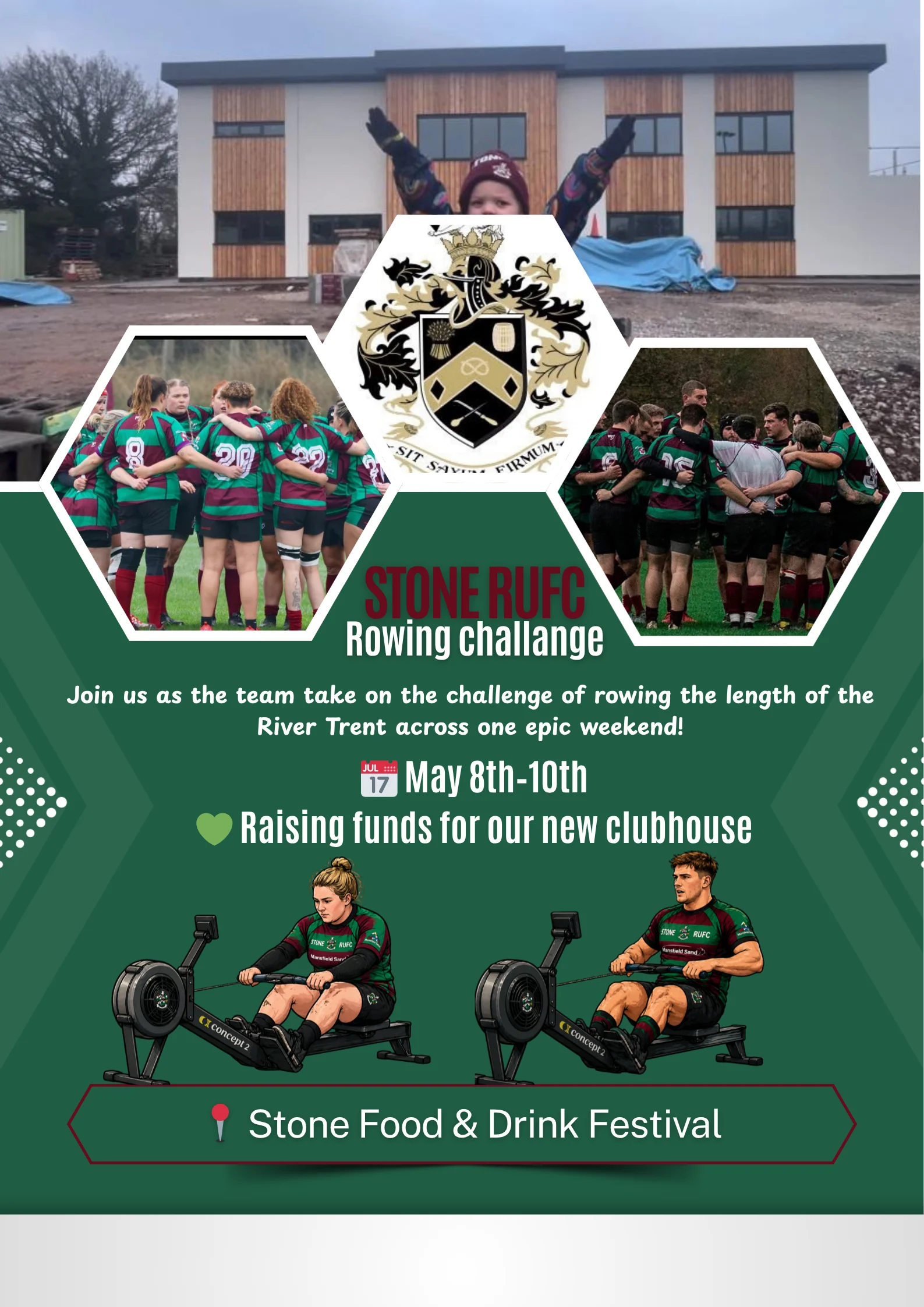 Poster for Stone RUFC’s rowing challenge at Stone Food and Drink Festival, showing rugby team photos, rowers and new clubhouse fundraising details.