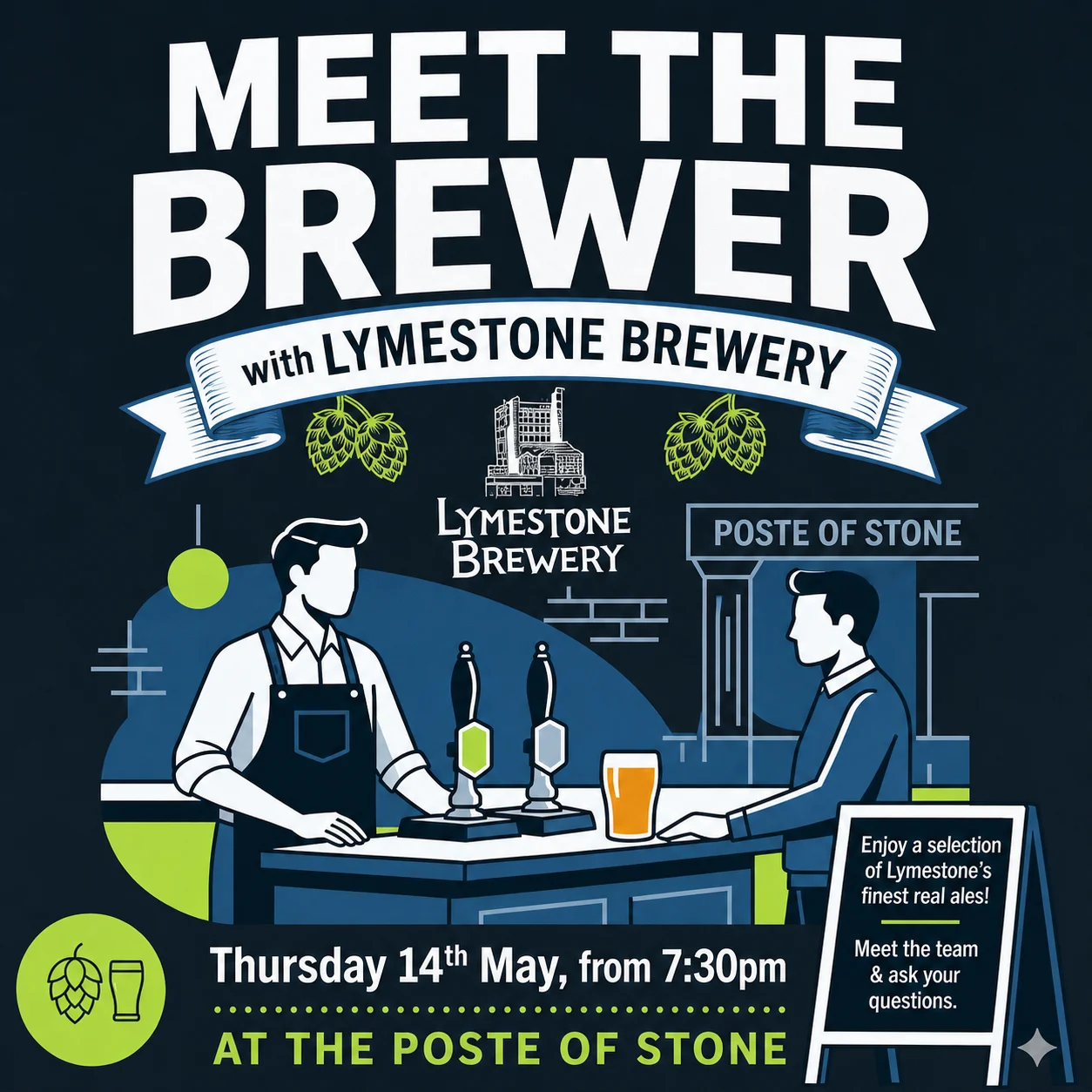 Meet the Brewer poster for Lymestone Brewery at the Poste of Stone on Thursday 14 May from 7.30pm.
