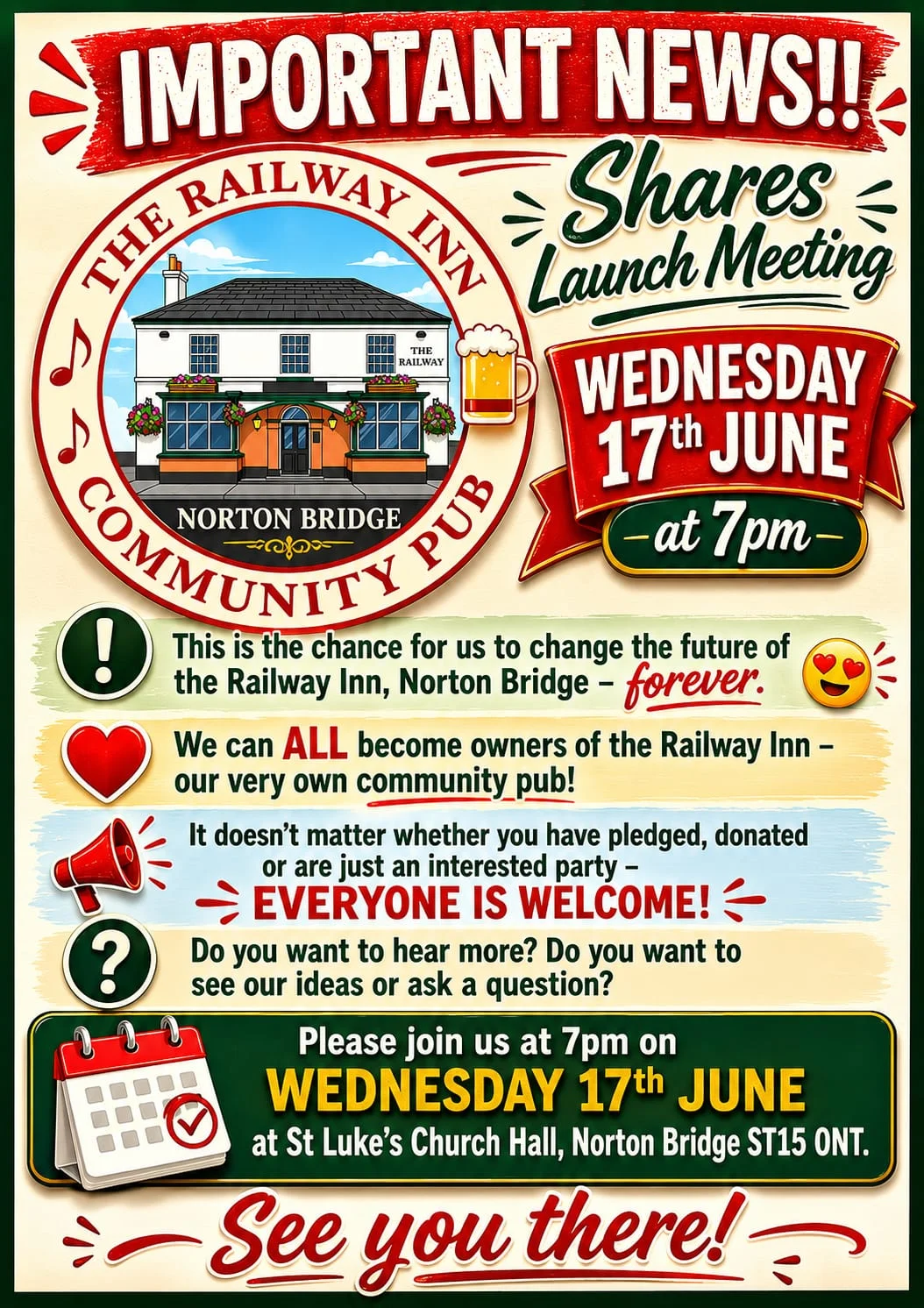 Poster for the Railway Inn Norton Bridge shares launch meeting at St Luke’s Church Hall on Wednesday 17 June at 7pm.