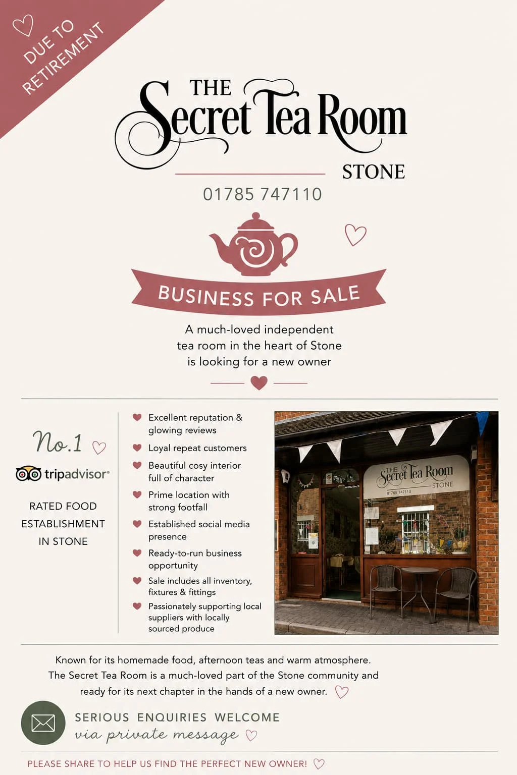 Graphic from The Secret Tea Room in Stone announcing that the independent tea room is for sale due to retirement.