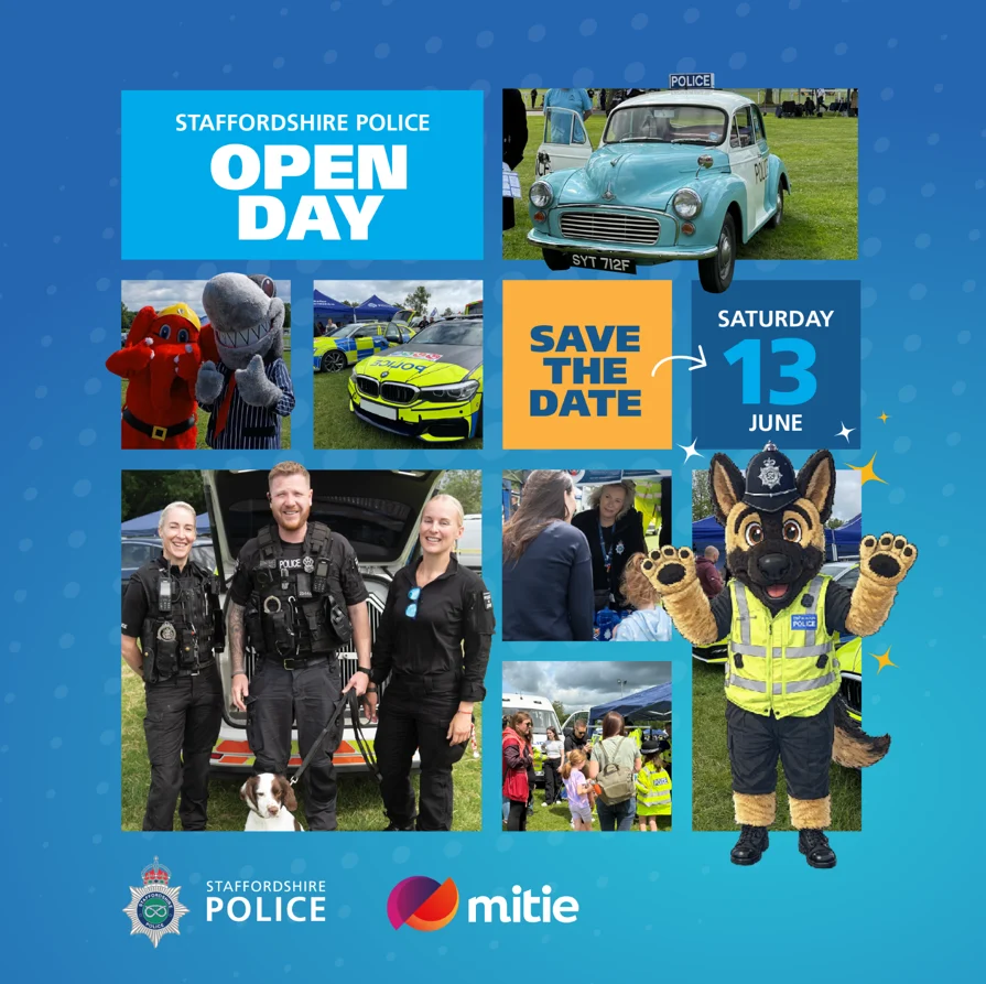 Staffordshire Police open day poster showing officers, police vehicles, mascots and the date Saturday 13 June.