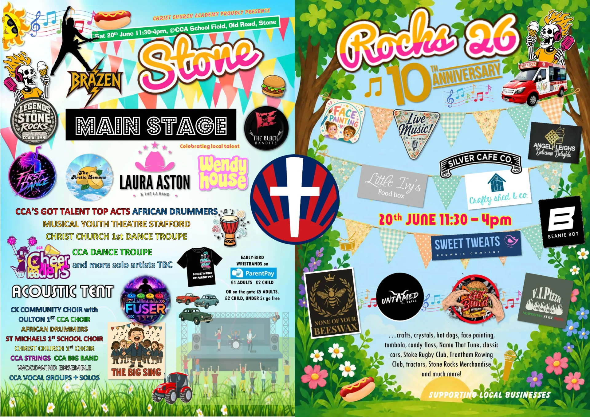 Colourful poster for Stone Rocks 26 at Christ Church Academy in Stone, listing live music, stalls, food, activities and ticket prices.