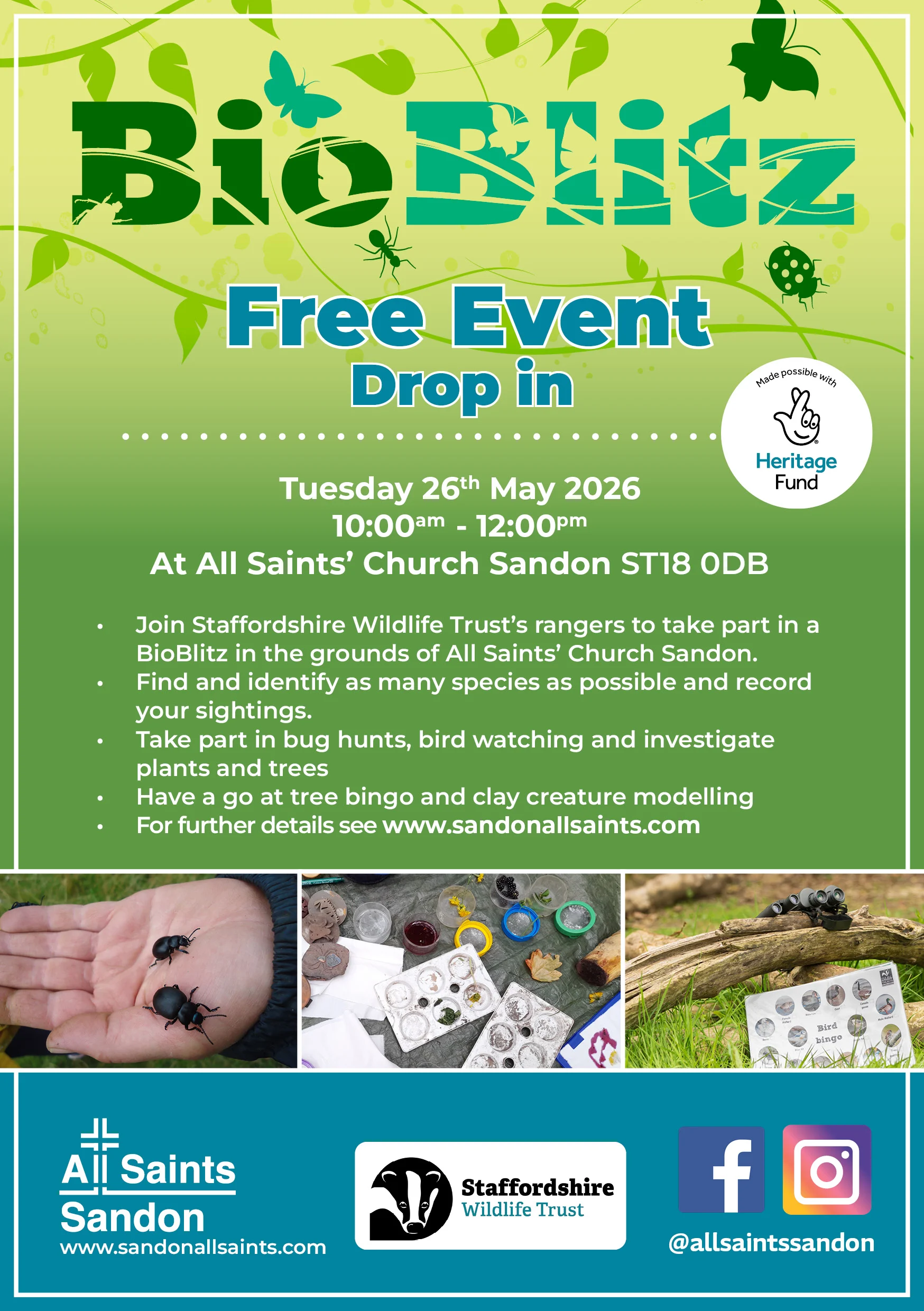 Poster for the free BioBlitz event at All Saints’ Church Sandon on Tuesday 26 May 2026, with Staffordshire Wildlife Trust.