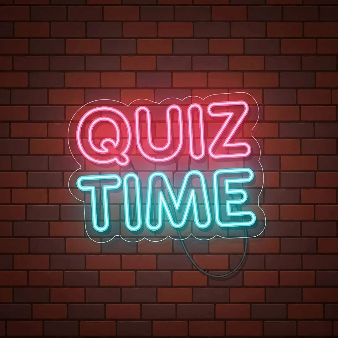 Quiz Time Neon Sign on a brick wall