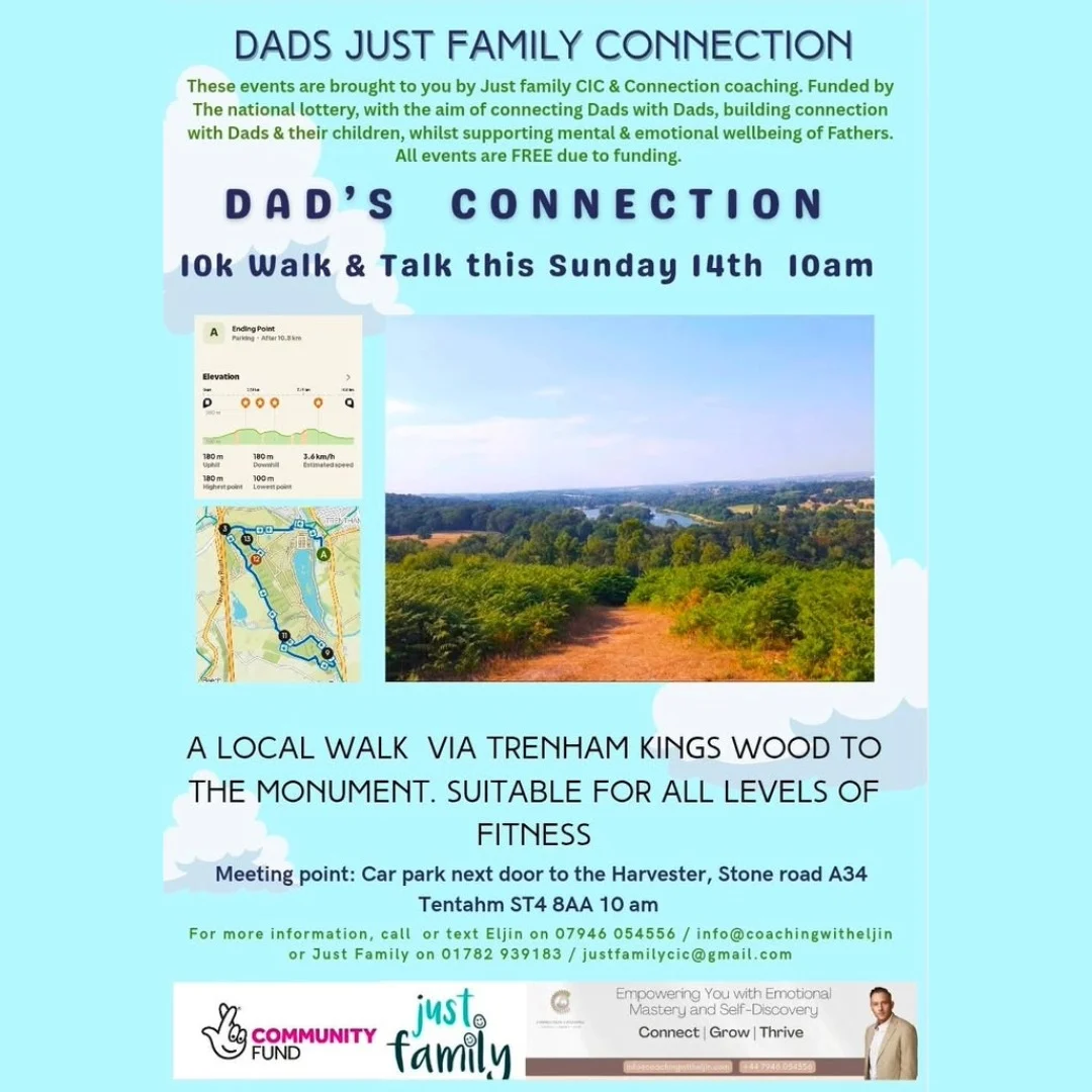Poster for Dads Just Family Connection advertising a free 10k Walk and Talk from Trentham to the Monument on Sunday 14 June.