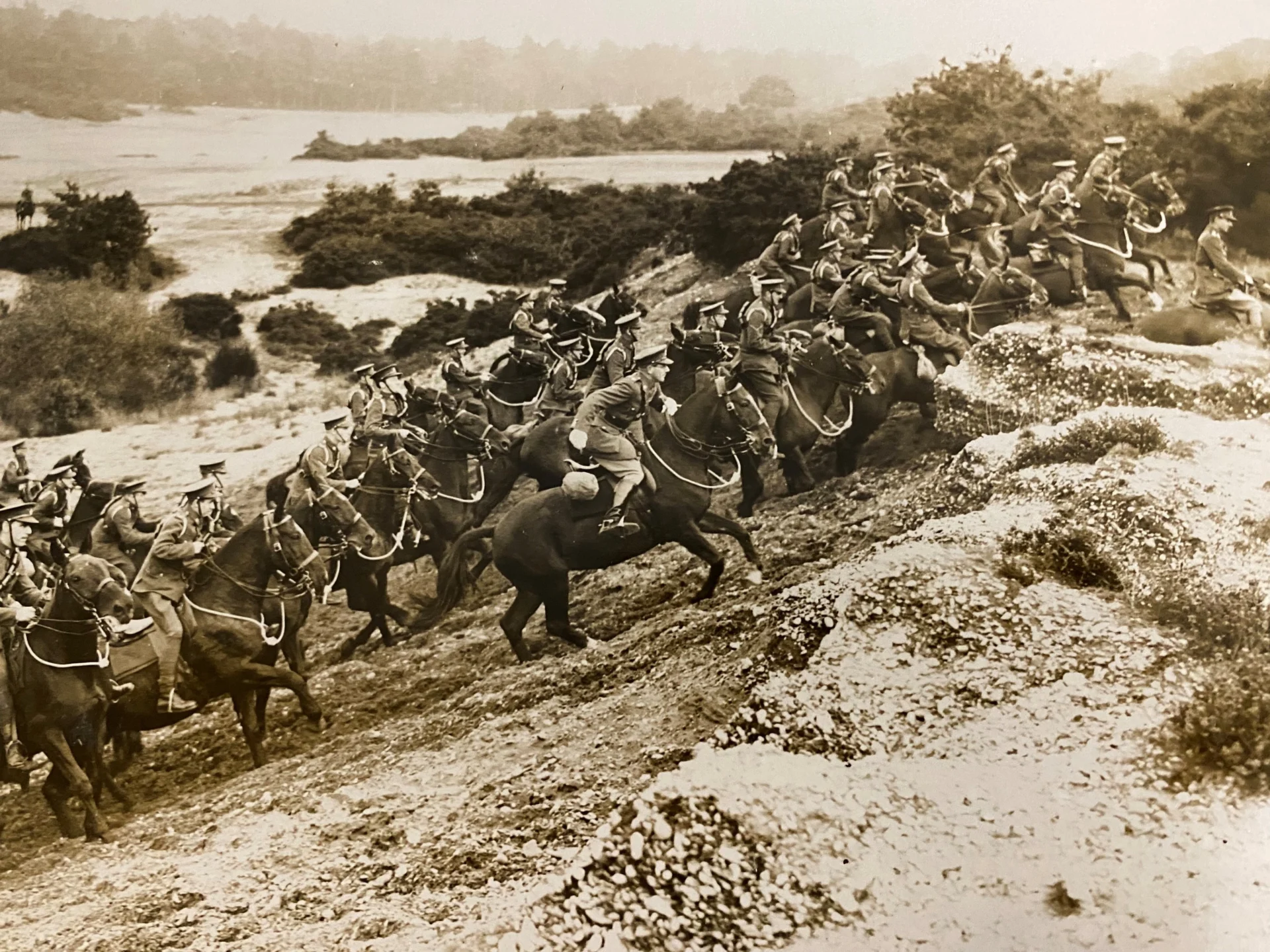 Historic photograph showing Staffordshire Yeomanry soldiers on horseback during cavalry training in about 1938.