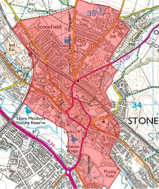 Map showing the Section 34 dispersal order area covering Stone town centre and Westbridge Park.