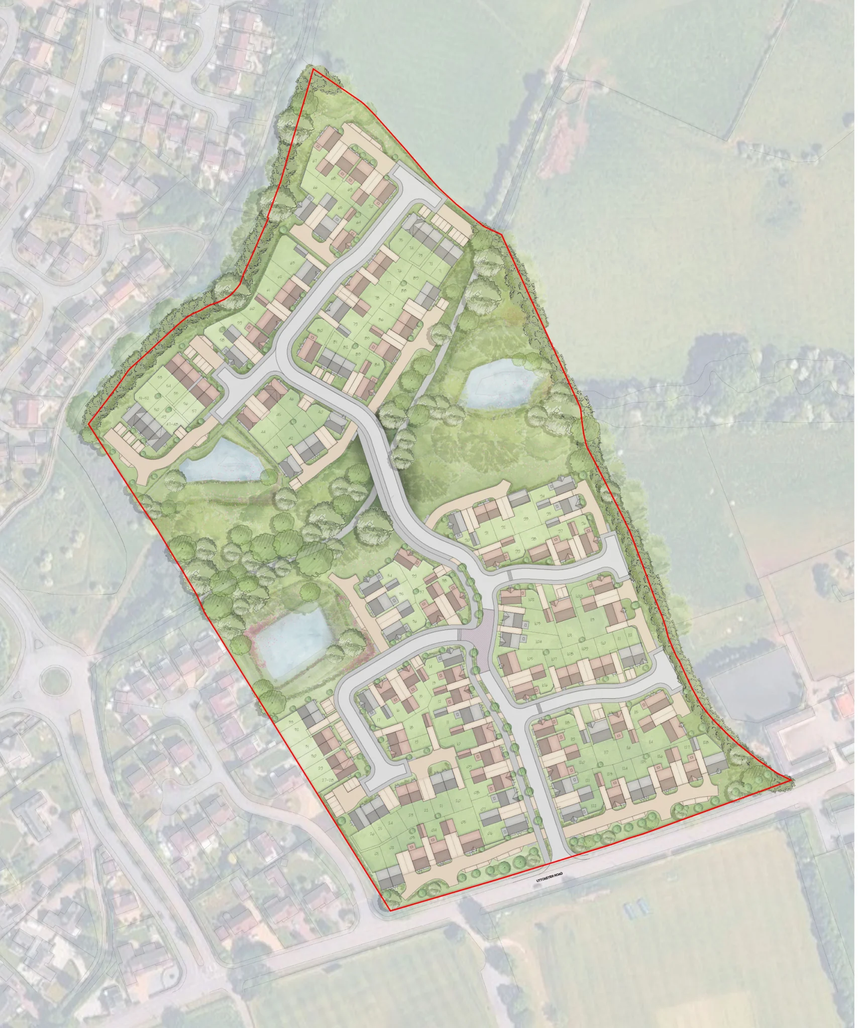 Site layout plan showing the proposed 130 home development off Uttoxeter Road in Stone, with homes, roads, open space and retained watercourse areas.