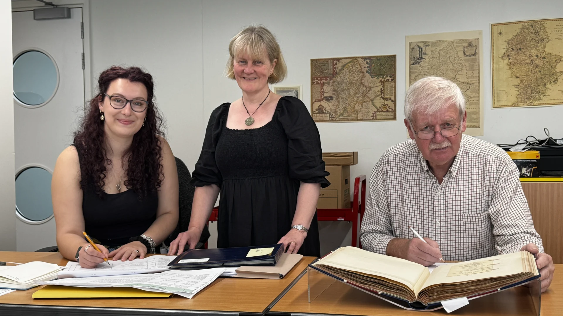 Georgia, Helen Lewis and Nigel cataloguing Staffordshire Yeomanry archive records at Staffordshire History Centre.
