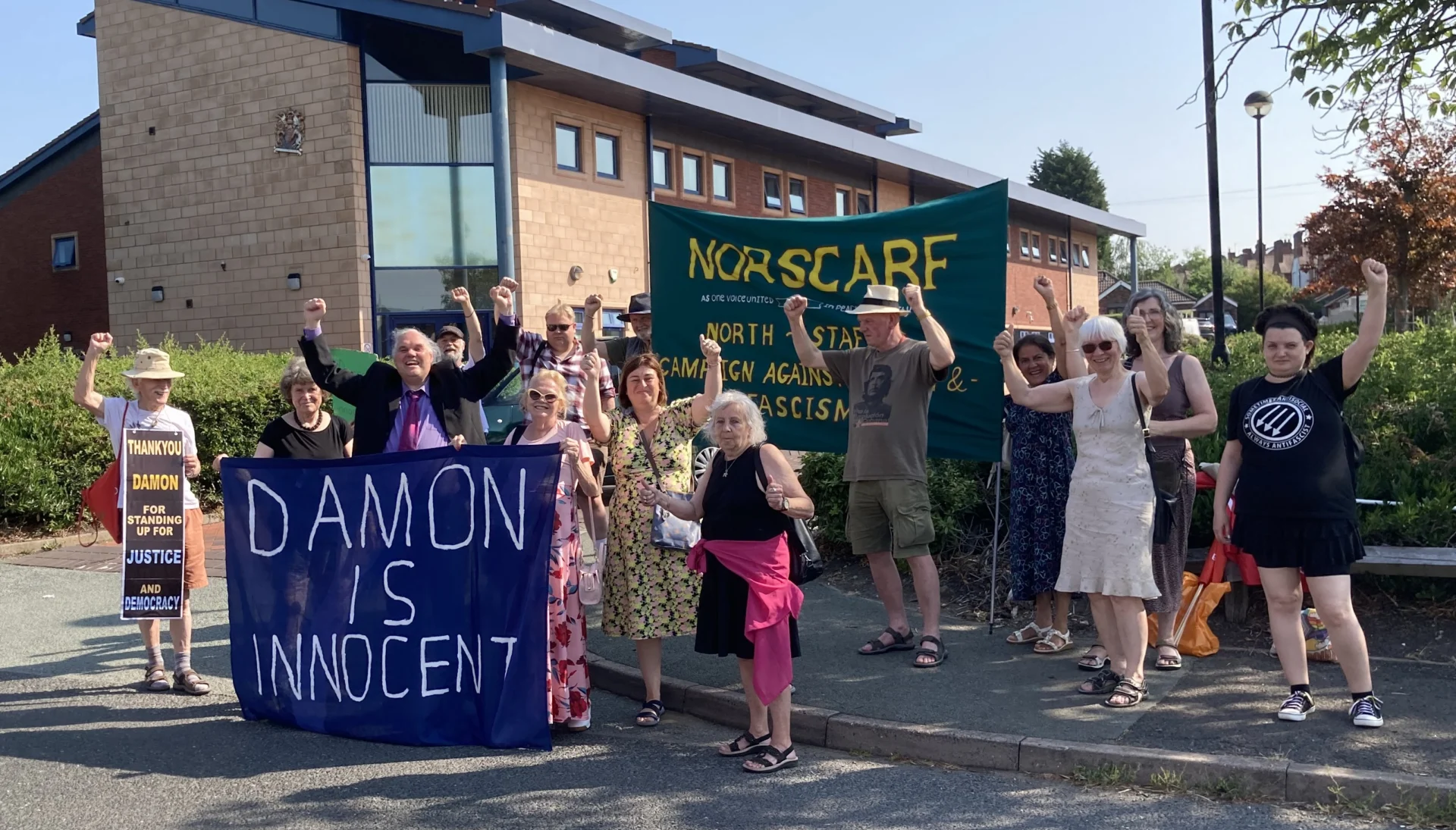 Damon Hoppe with supporters outside Cannock Magistrates’ Court on Friday 10 July 2026.