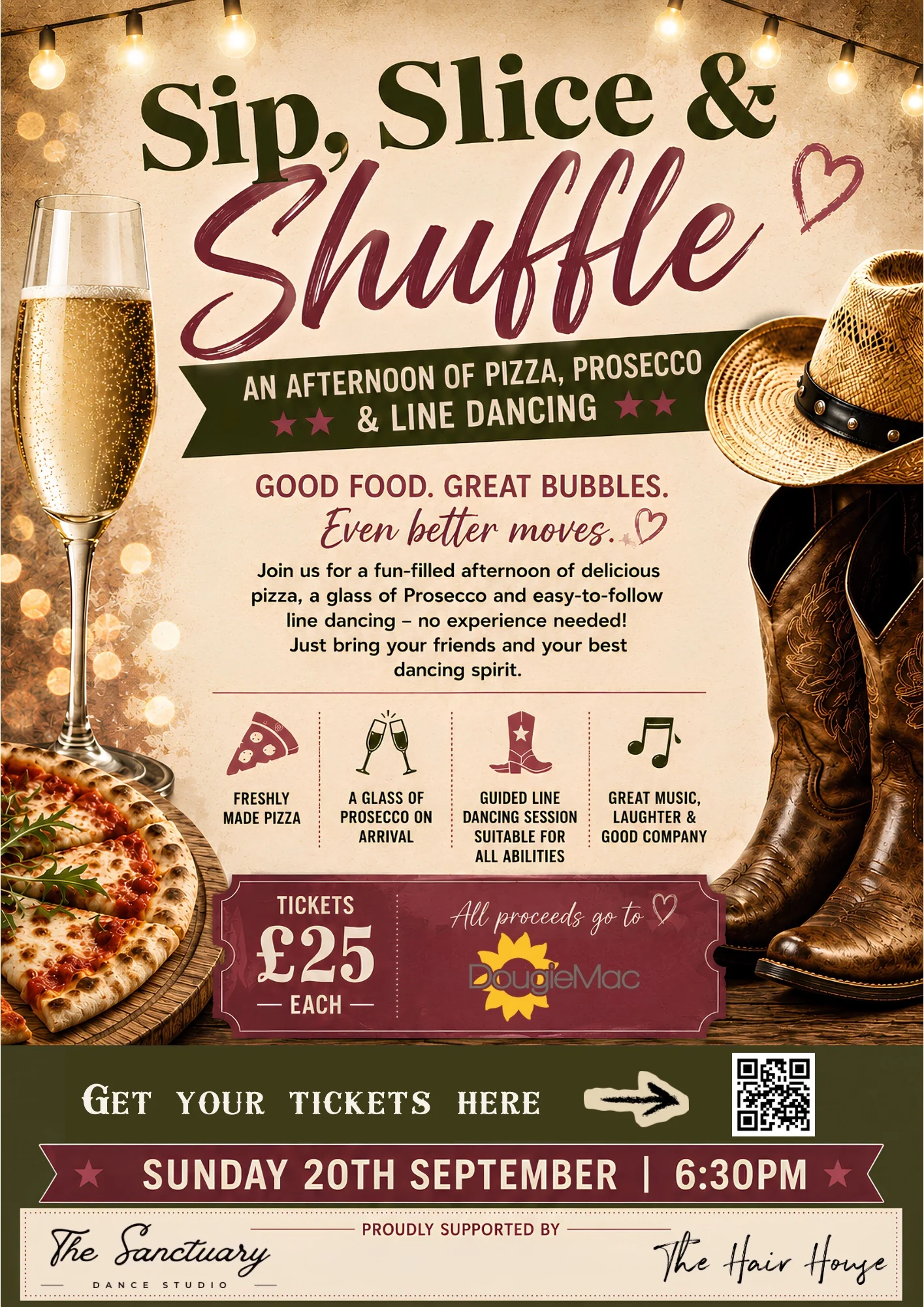 Poster promoting Sip, Slice & Shuffle, a charity pizza, Prosecco and line dancing event at The Sanctuary Dance Studio in Stone on Sunday 20 September in aid of Dougie Mac.